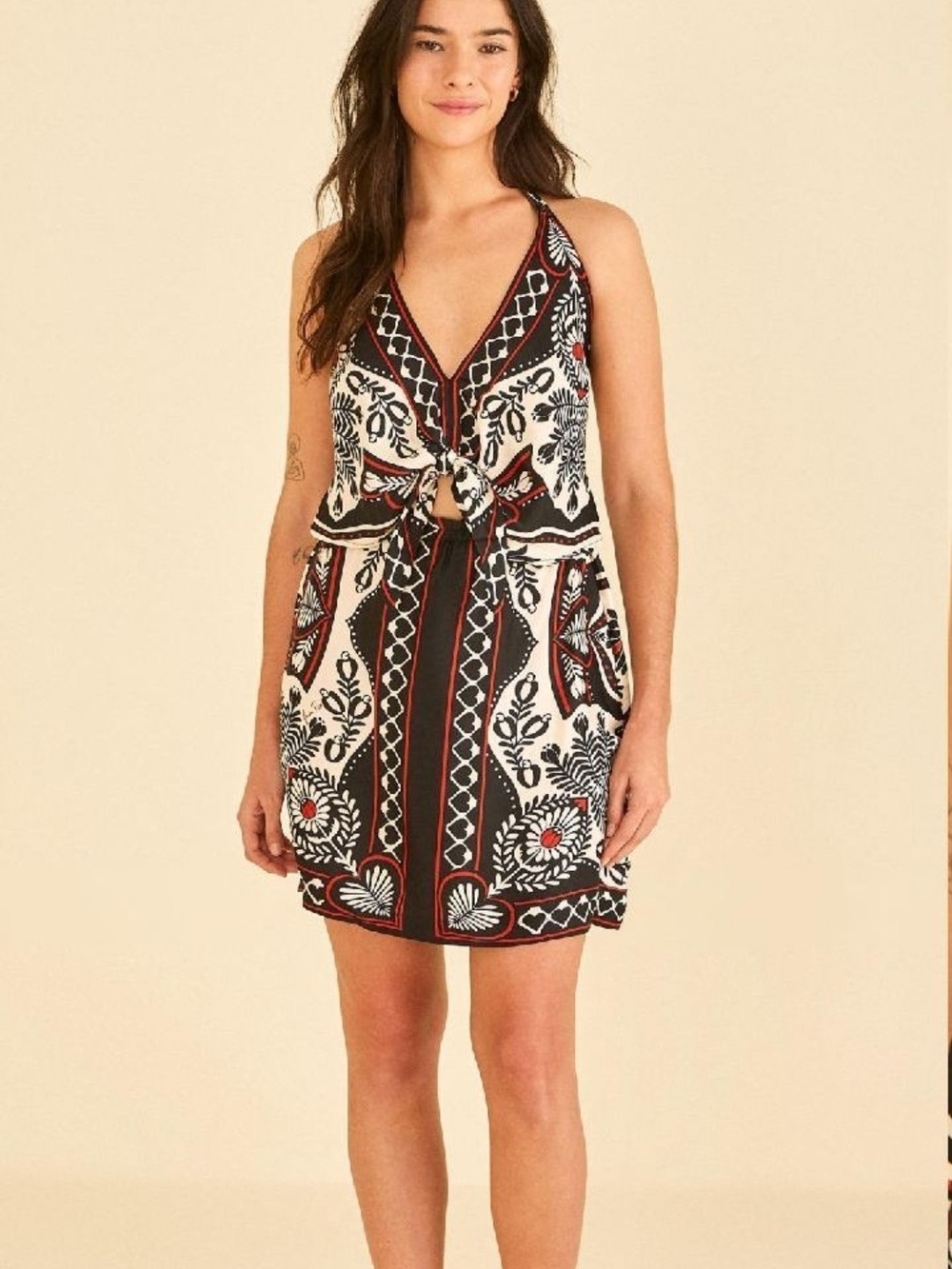 FARM Rio Black, White & Red Tie-Front V-Neck Mini Dress